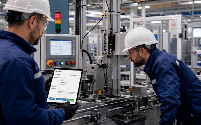 Técnicos atendiendo un equipo en planta